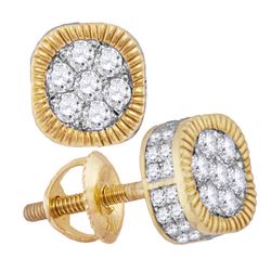 Mens Diamond Fluted Flower Cluster Stud Earrings 1/2 Cttw 10kt Yellow Gold