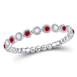 Round Ruby Diamond Beaded Dot Stackable Band Ring 1/6 Cttw 10kt White Gold