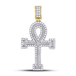 Mens Diamond Ankh Cross Charm Pendant 1-5/8 Cttw 14kt Yellow Gold