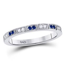 Round Blue Sapphire Diamond Milgrain Stackable Band Ring 1/4 Cttw 10kt White Gold