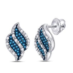 Round Blue Color Enhanced Diamond Cascading Stud Earrings 1/6 Cttw 10kt White Gold