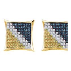 Mens Round Blue Color Enhanced Diamond Square Kite Cluster Earrings 1/4 Cttw 10kt Yellow Gold