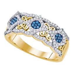 Round Blue Color Enhanced Diamond Cluster Filigree Band 3/8 Cttw 10kt Yellow Gold