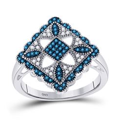 Round Blue Color Enhanced Diamond Square Cluster Ring 1/4 Cttw 10kt White Gold