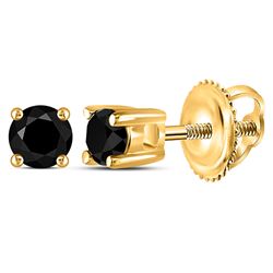 Unisex Round Black Color Enhanced Diamond Solitaire Stud Earrings 1/4 Cttw 10kt Yellow Gold