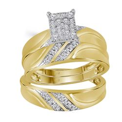 Diamond Cluster Matching Trio His & Hers Wedding Ring Band Set 1/3 Cttw 10k Yellow Gold