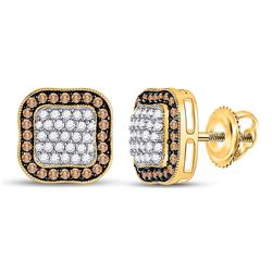 Round Brown Diamond Square Frame Cluster Earrings 1.00 Cttw 10kt Yellow Gold