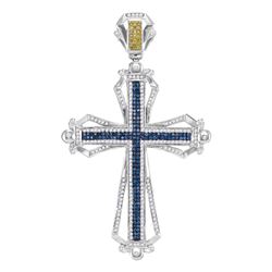 Mens Round Blue & Yellow Color Enhanced Diamond Cross Charm Pendant 1-1/2 Cttw 10kt White Gold