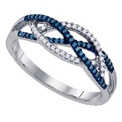 Round Blue Color Enhanced Diamond Crossover Band Ring 1/5 Cttw 10kt White Gold