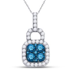 Round Blue Color Enhanced Diamond Square Frame Cluster Pendant 3/4 Cttw 10kt White Gold