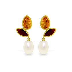 Genuine 16 ctw Pearl, Garnet & Citrine Earrings 14KT Yellow Gold - REF-42Z2N