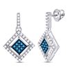 Image 1 : Round Blue Color Enhanced Diamond Diagonal Square Dangle Earrings 1/2 Cttw 10kt White Gold