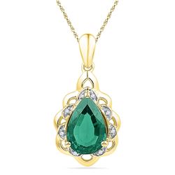 Pear Lab-Created Emerald Solitaire Diamond Pendant 3-3/8 Cttw 10kt Yellow Gold