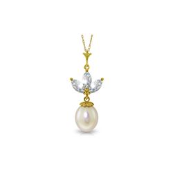 Genuine 4.75 ctw Aquamarine & Pearl Necklace 14KT Yellow Gold - REF-26R2P