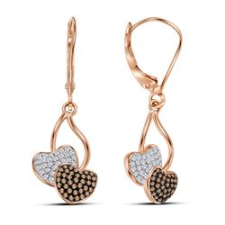 Round Red Color Enhanced Diamond Heart Dangle Earrings 1/3 Cttw 10kt Rose Gold