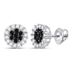 Round Black Color Enhanced Diamond Flower Cluster Earrings 1.00 Cttw 14kt White Gold