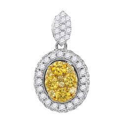 Round Canary Yellow Diamond Oval Cluster Pendant 1.00 Cttw 14kt White Gold