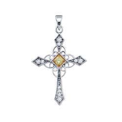 Round Yellow Color Enhanced Diamond Cross Pendant 1/3 Cttw 10kt White Gold