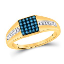 Mens Round Blue Color Enhanced Diamond Square Cluster Ring 1/2 Cttw 10kt Yellow Gold