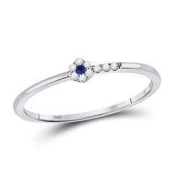 Round Blue Sapphire Diamond Stackable Band Ring 1/12 Cttw 10kt White Gold