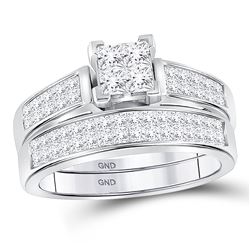 Diamond Cluster Bridal Wedding Engagement Ring Band Set 1.00 Cttw 14kt White Gold