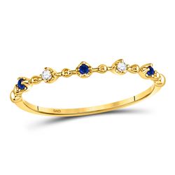 Round Blue Sapphire Diamond Beaded Stackable Band Ring 1/20 Cttw 10kt Yellow Gold