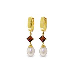 Genuine 9.5 ctw Pearl & Garnet Earrings 14KT Yellow Gold - REF-53Z2N