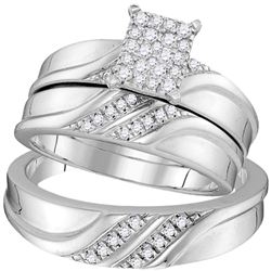 Diamond Cluster Matching Trio His & Hers Wedding Engagement Ring Band Set 1/3 Cttw 10k White Gold