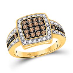 Brown Diamond Cluster Square-shape Cocktail Ring 1/2 Cttw 10k Yellow Gold