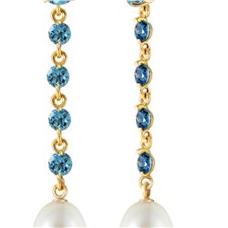 Genuine 10 ctw Blue Topaz & Pearl Earrings 14KT Yellow Gold - REF-32M4T