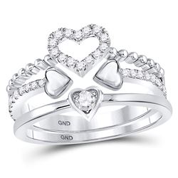 Diamond 2-Piece Beaded Heart Band Ring Set 1/3 Cttw 14kt White Gold