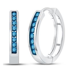 Blue Color Enhanced Round Channel-Set Diamond Hoop Earrings 1/2 Cttw 14k White Gold