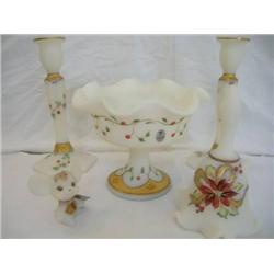 Fenton 5 pc. Floral Set, Bowl, Candleholder, Bell