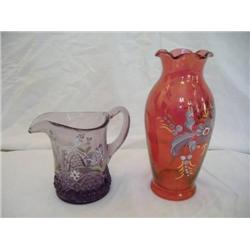 Fenton Red Floral Vase & Purple Floral Pitcher