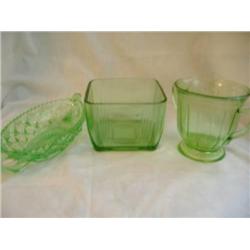 Green Depression 3 pcs. Creamer, Relish & Sq. Jar