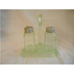 Green Depression Salt & Pepper Shaker w/ Stand
