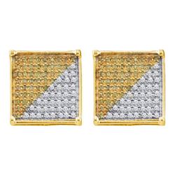 Mens Round Yellow Color Enhanced Diamond Square Cluster Earrings 1/6 Cttw 10kt Yellow Gold