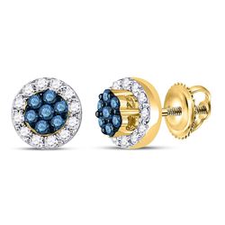 Round Blue Color Enhanced Diamond Flower Cluster Earrings 1/2 Cttw 10kt Yellow Gold