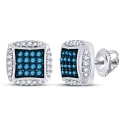 Round Blue Color Enhanced Diamond Square Cluster Earrings 1/3 Cttw 10kt White Gold