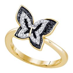 Round Black Color Enhanced Diamond Butterfly Bug Ring 1/3 Cttw 10kt Yellow Gold