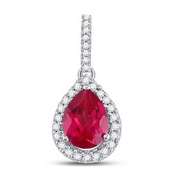 Pear Lab-Created Ruby Solitaire Diamond Frame Pendant 1-7/8 Cttw 10kt White Gold