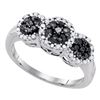 Image 1 : Round Black Color Enhanced Diamond Triple Cluster Ring 1/3 Cttw 10kt White Gold