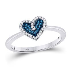 Round Blue Color Enhanced Diamond Heart Ring 1/10 Cttw 10kt White Gold