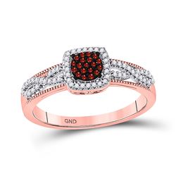 Round Red Color Enhanced Diamond Square Frame Cluster Twist Ring 1/5 Cttw 10kt Rose Gold