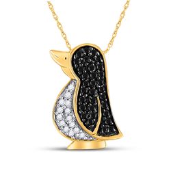 Round Black Color Enhanced Diamond Penguin Bird Animal Pendant 1/4 Cttw 14kt Yellow Gold