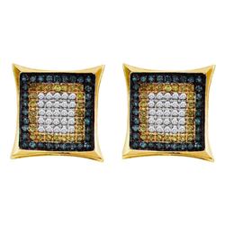 Mens Yellow Blue Color Enhanced Diamond Square Cluster Earrings 1/3 Cttw 10kt Yellow Gold