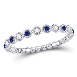 Round Blue Sapphire Diamond Beaded Dot Stackable Band Ring 1/6 Cttw 10kt White Gold
