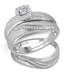 Diamond Mens Trio Matching Halo Wedding Bridal Ring Set 1/5 Cttw 10k White Gold