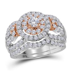 Diamond Halo Bridal Wedding Engagement Ring Band Set 1-1/2 Cttw 14kt White Rose 2-tone Gold