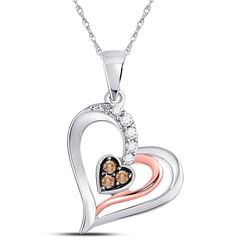 Round Brown Diamond Heart Pendant 1/8 Cttw 10kt Two-tone Gold